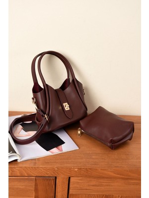 Demir Toka Kemerli Çift Askılı Makyaj Çantalı Zarif Suni Deri Kadın El ve Omuz Çantası