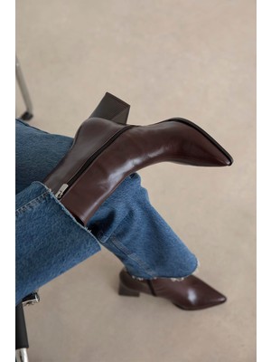 Straswans Liston Kadın Topuklu Kırışık Deri Bot Suni Deri Kalın Topuklu 40 Numaralı Şık Model