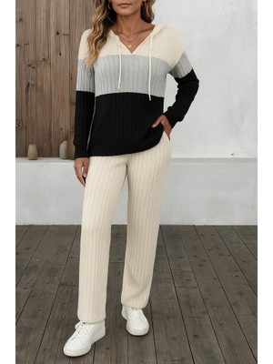 Çamaşır Kenti Kadın Uzun Kollu Kapşonlu Bağcıklı Blok Renkli Şardonlu Kaşkorse Bluz ve Pantolon Ikili Takım