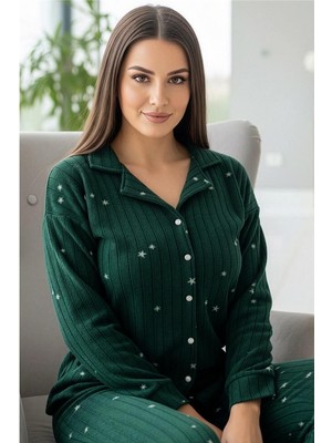 Pijama Evi Kadın Yeşil Yıldız Desenli Düğmeli Peluş Polar Pijama Takımı Kış İçin Konforlu Seçim