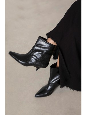 Straswans Bella Kadın Pino Ökce Kroko  Deri Bot Siyah