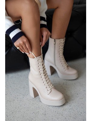 Straswans Myra Kadın Platform Topuk  Deri  Bot Bej