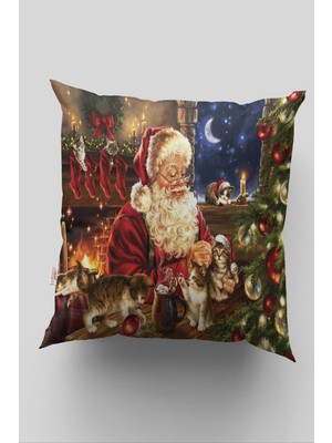 Empressco Kedi ve Noel Desenli 43X43 Kırlent Kılıfı, Kırmızı Renkli Yılbaşı Dekoru