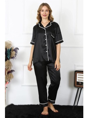 Marsilyan Kadın Büyük Beden Siyah Saten Pijama Takımı