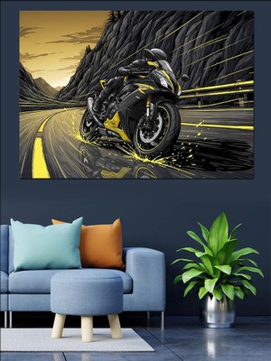 Karizma Tablo Islak Asfalt Yolda Sürat Yapan Motorcu Dekoratif Kanvas - Mdf Ahşap Tablo