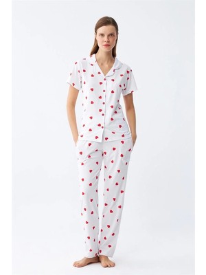 Marsilyan Kadın Beyaz Kırmızı Kalpli Önden Düğmeli Pijama Takımı