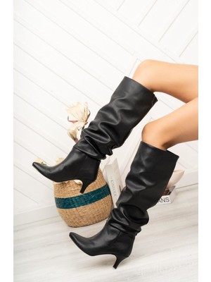 Ellolita Luxury Shoes SR-2001 Siyah Körüklü Ince Topuklu Günlük Bayan Çizme