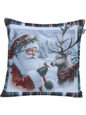 Empressco Çok Renkli Noel Baba ve Geyikli Ekoseli Çerçeveli Goblen Dekoratif Kırlent 45X45