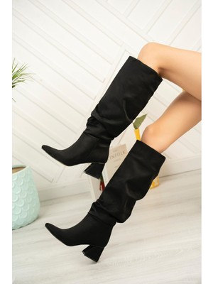 Ellolita Luxury Shoes SYT-2002 Siyah Süet Körüklü Kalın Topuklu Günlük Bayan Çizme