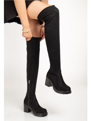 Zerenyus ZRİN-3010 Premium Siyah Süet Streç Günlük Kalın Topuklu Uzun Kadın Çizme