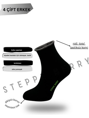 Steppe Berry 4'lü Erkek Siyah Lastiksiz Dikişsiz Rahat Bambu Kısa Konç Diyabet Çorap