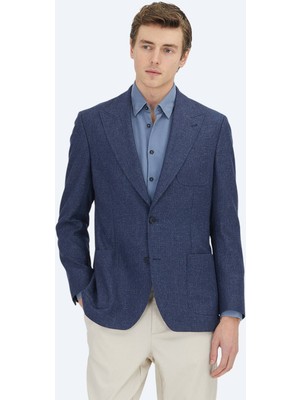 Kip Lacivert Desenli Comfort Fit Yün Karışımlı Ceket