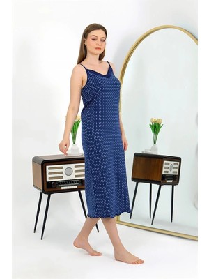 Marsilyan Ip Askılı Uzun Yırtmaçlı Penye Gecelik Lacivert