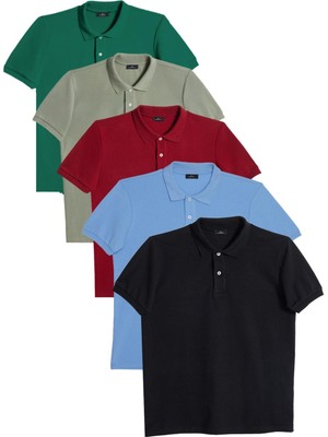 Tudors Erkek 5'li Paket Siyah-Yeşil-Mavi-Bordo-Haki Slim Fit Pamuklu Düz Pike Polo Yaka Tişört