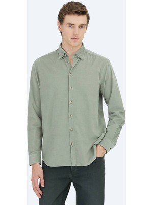 Kip Mint Çizgili Regular Fit Dokuma Kadife Casual %100 Pamuk Gömlek