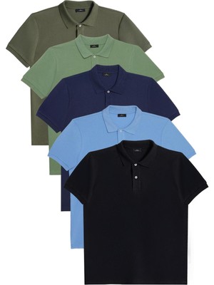 Tudors Erkek 5'li Paket Haki-Yeşil-Lacivert-Mavi-Siyah Slim Fit Dar Kesim Pamuklu Düz Polo Yaka Tişört