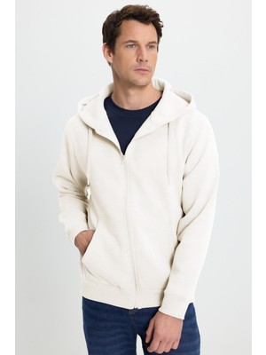 Tudors Unisex Relax Fit Rahat Kesim Pamuklu Içi Polarlı Çift Cepli Tam Fermuarlı Beyaz Kapüşonlu Sweatshirt