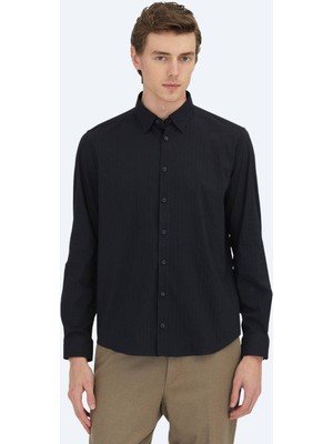 Kip Siyah Çizgili Regular Fit Dokuma Spor Pamuk Karışımlı Gömlek