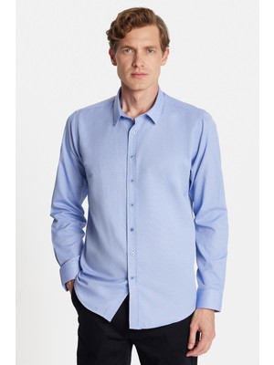 Tudors Modern Slim Fit Uzun Kollu Pamuklu Kolay Ütü Armürlü Mavi Erkek Gömlek