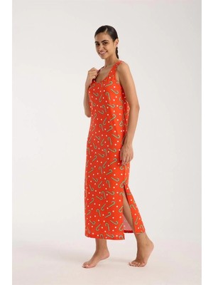 Marsilyan Kadın Kalın Askılı Yırtmaçlı Uzun Turuncu Gecelik