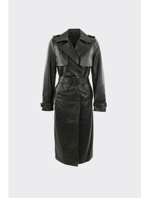 Elle Siyah Kadın Deri Trençkot