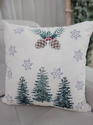 Empressco Bej Kış Temalı Yastık, Noel ve Çam Ağacı Desenli, Şık ve Sıcacık Dekorasyon Parçası