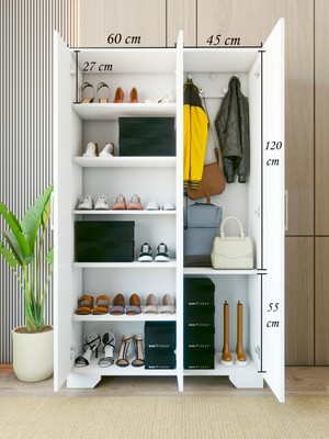 Montenero Portmanto Parlak Beyaz Ayakkabılık Vestiyer 3 Kapaklı Krom Kulp