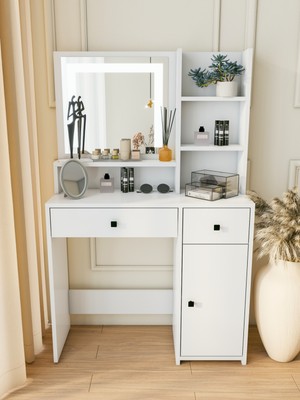 Montenero Makyaj Masası Beyaz Takı Aksesuar Düzenleyici Çekmeceli Raflı Aynalı Özel LED Ayna Kare