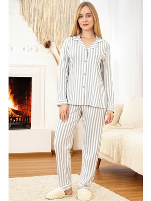 Remsa Kadın Çizgili Desen Suprem Pijama Takımı 0489 GRI03