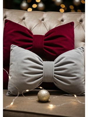Empressco Yılbaşı Noel Temalı Kadife Fiyonkli Dekoratif Yastık Seti, Bordo, 2'li