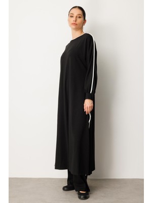 Micca Yüksek Soft Pamuk İçerikli Kontrast Garni Detaylı  Pantolonlu Elbise Pantolon Kombin Takım-Siyah