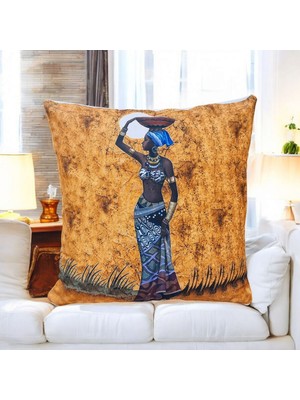 Mutlu Köşe Afrika Temalı Dijital Baskı Pamuklu Bohem Tasarım Kırlent Kılıfı