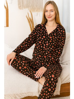 Remsa Kadın Çiçek Desen Saphire Düğmeli Pijama Takımı 0468 SIYAH04
