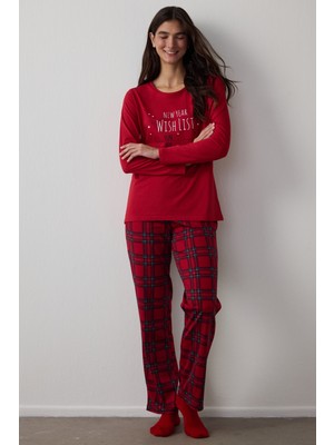 Penti Kırmızı NY Wishlist Ekoseli Pamuklu Uzun Kollu Pijama Takımı