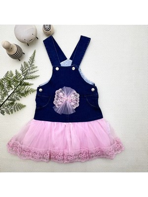 2-3-4 Yaş Fiyonklu Düğme Detaylı Tül Etek Kot Kumaş Salopet Kız Çocuk Elbisesi Lacivert-Pembe