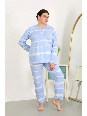Çamaşır Kenti Kadın Büyük Beden Uzun Kol Penye Pijama Takımı Mavi