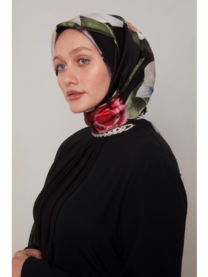 Lêvi D'or Siyah Dal Çiçek Desen Twill İpek Eşarp