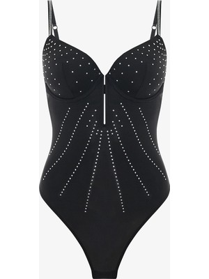 Penti Siyah Satin Deep V Wire Bodysuit