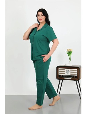 Çamaşır Kenti Kadın Büyük Beden Pamuklu Cepli Düğmeli Zümrütyeşili Pijama Takım