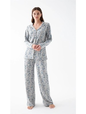 Çamaşır Kenti Kadın Gri Desenli Düğmeli Pamuklu Pijama Takımı