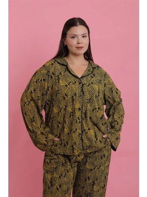 Çamaşır Kenti Kadın Büyük Beden Tropikal Yaprak Desenli Düğmeli Pijama Takımı