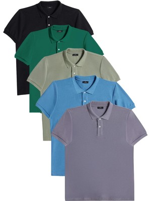 Tudors Erkek 5'li Paket Gri-Mavi-Haki-Yeşil-Siyah Slim Fit Pamuklu Düz Pike Polo Yaka Tişört
