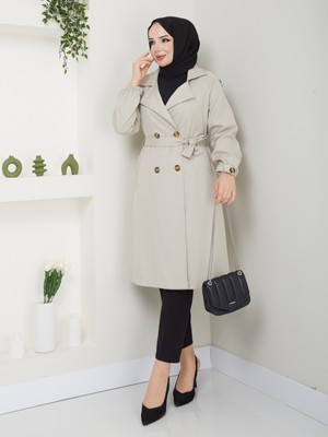 Zenya Moda Kadın Taş Lastik Kollu Trençkot