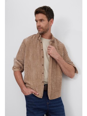 Tudors Erkek Regular Fit Rahat Kesim Fitilli Kadife Görünüm Düğmeli Yaka Açık Kahve Ceket Gömlek