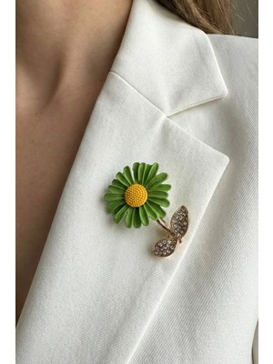 Altın Rengi Yaprak Detay Taşlı Ay Çiçeği Broş (3cm)