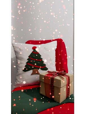 Empressco Ekru Noel Punch Işlemeli Kırlent Kılıfı, Yılbaşı Teması, Şık ve Sıcak Dekorasyon Parçası