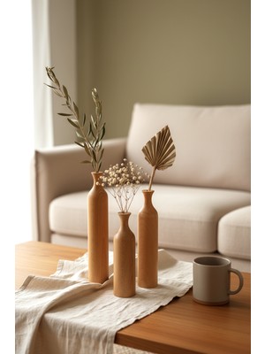 Hamur Ahşap 3’lü Dekoratif Vazo Seti Modern Minimalist Rustik Salon Ofis Ev Dekoru Çiçeklik Ovida