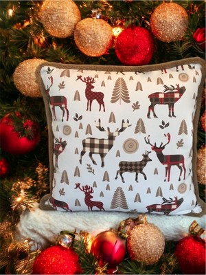 Empressco Geyik ve Çam Desenli Bej ve Kırmızı Yılbaşı Kırlent, Şık ve Sıcak Dekor Seçeneği