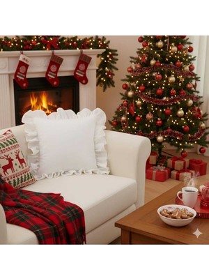 Empressco Fırfırlı Yılbaşı Kırlent 50X50 Cm, Beyaz, Şık ve Modern Dekoratif Yastık