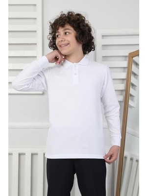 New Kids Beyaz Basic Uzun Kollu Çocuk Okul Polo Sweatshirt